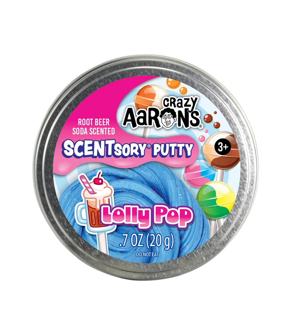 Crazy Aaron's SCENTsory Lolly Pop putty in bright blue with glitter and root beer soda scent in a metal tin container