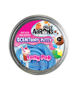 Crazy Aaron's SCENTsory Lolly Pop putty in bright blue with glitter and root beer soda scent in a metal tin container