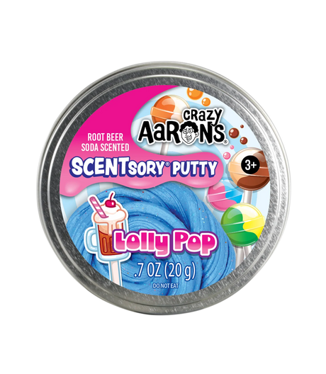 Crazy Aaron's SCENTsory Lolly Pop putty in bright blue with glitter and root beer soda scent in a metal tin container