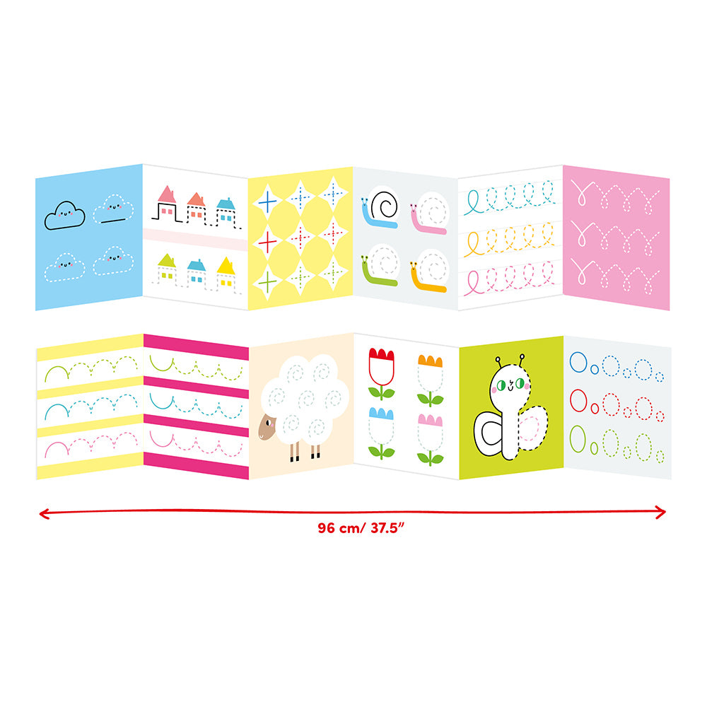 Open accordion coloring book with tracing lines and simple illustrations for beginner children’s activities