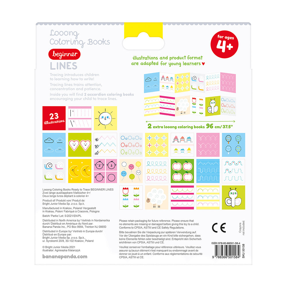 Back of Looong Coloring Book showing beginner tracing lines and colorful illustrations for kids ages 4 and up