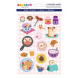 Sheet of cute breakfast-themed stickers including smiling toast, waffle, eggs, pancake, cereal, and jam jars on pink checkered background