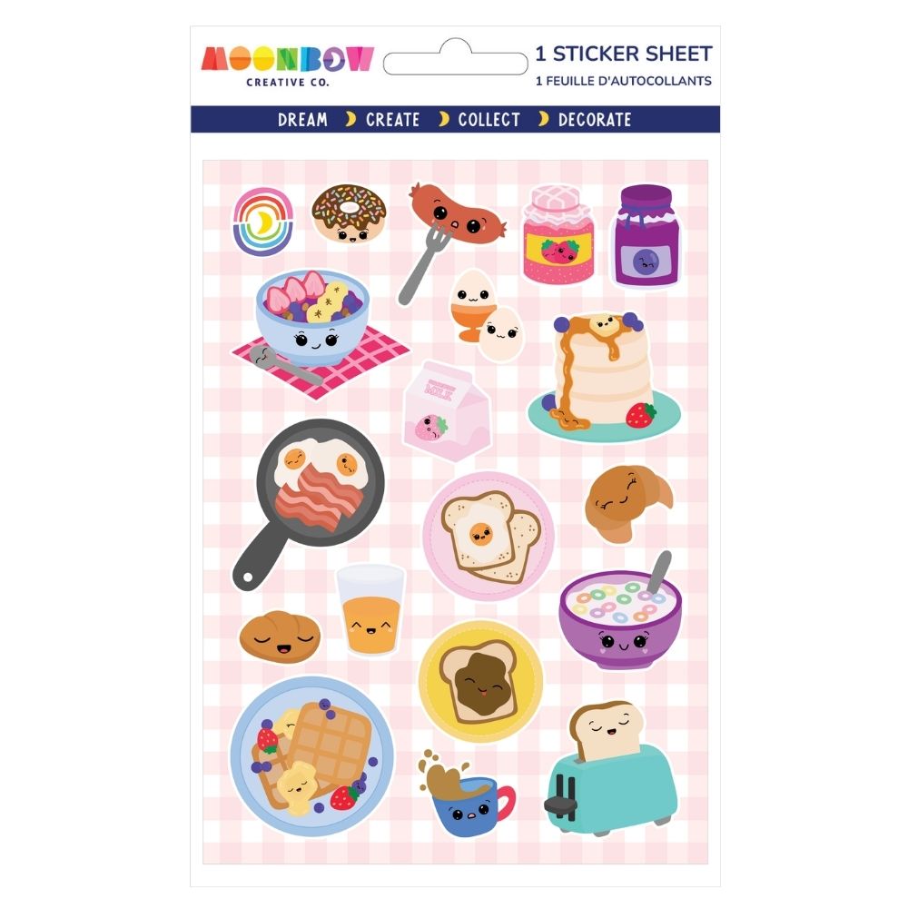 Sheet of cute breakfast-themed stickers including smiling toast, waffle, eggs, pancake, cereal, and jam jars on pink checkered background