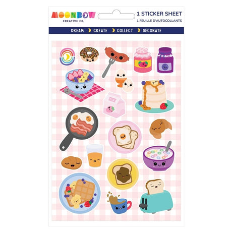 Sheet of cute breakfast-themed stickers including smiling toast, waffle, eggs, pancake, cereal, and jam jars on pink checkered background