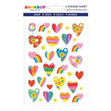 Sheet of colorful heart-shaped and rainbow stickers decorated with smiley faces, stars, and flowers on white background