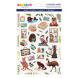 Sticker sheet with illustrated animals including a bear, koala, kangaroo, and hedgehog reading books surrounded by plants and bookshelves