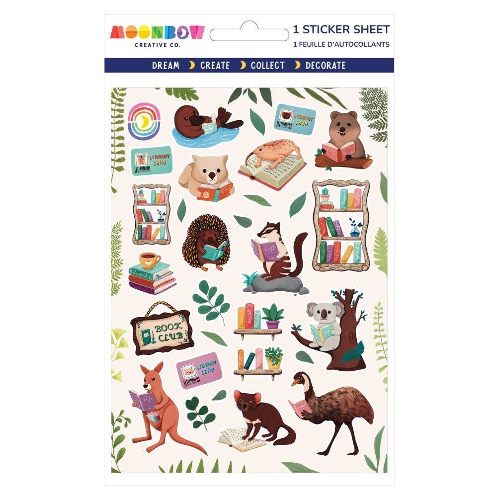 Sticker sheet with illustrated animals including a bear, koala, kangaroo, and hedgehog reading books surrounded by plants and bookshelves