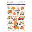 Sticker sheet with adorable bunnies riding scooters and bikes carrying packages, surrounded by carrots and delivery vans