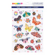 Sticker sheet with colorful butterflies and beetles in various patterns on a white background with pastel polka dots