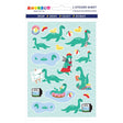 Sticker sheet with playful green dinosaurs in various activities including swimming, reading, and wearing accessories with rubber ducks and beach balls