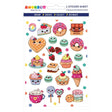 Sticker sheet with cute smiling desserts including cupcakes, donuts, macarons, waffles, chocolate, and sweet treats with colorful dots background