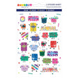Sticker sheet with colorful gift boxes featuring faces, arms, legs, ribbons, and confetti decorations on white background