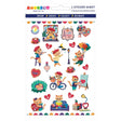 Sticker sheet with playful cats wearing berets and scarves, painting, riding bike, reading, and holding balloons with hearts
