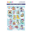 Sticker sheet featuring colorful cartoon dragons in various poses with castles, a rainbow, and clouds on a blue background