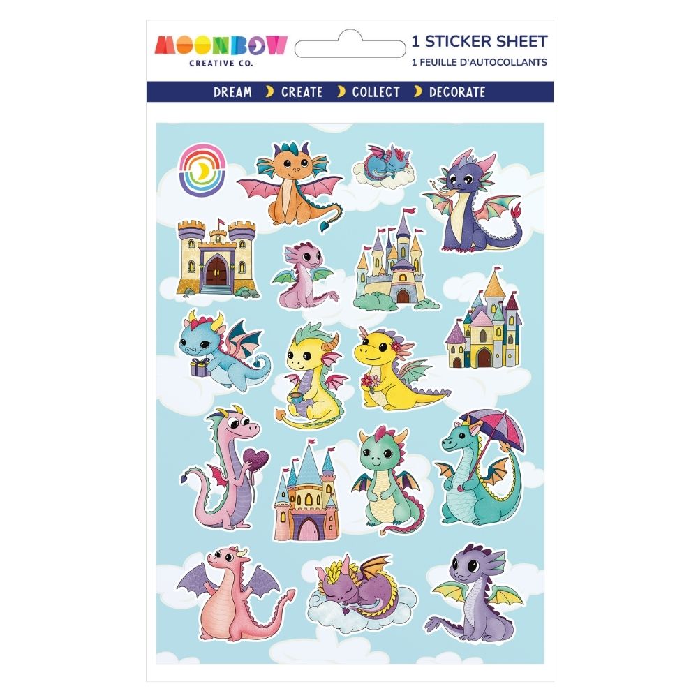 Sticker sheet featuring colorful cartoon dragons in various poses with castles, a rainbow, and clouds on a blue background