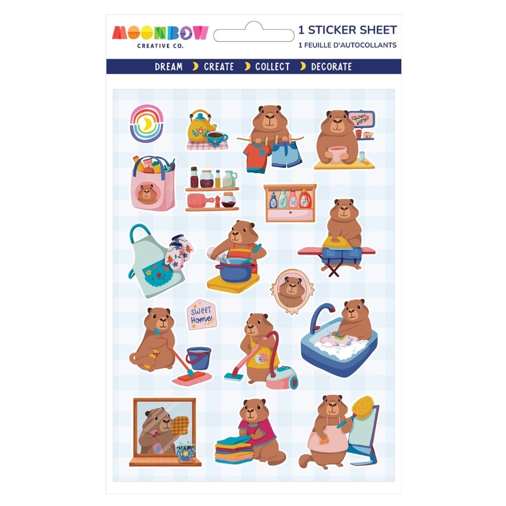 Sticker sheet with cute cartoon beavers doing household chores like cooking, cleaning, ironing, and bathing on a checkered background