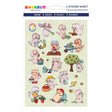 Sticker sheet with cute dogs and cats gardening, digging, watering plants, picking fruit, and playing with bees on light background