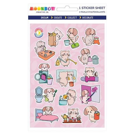 Sticker sheet with cute cats and dogs doing daily activities like cooking, cleaning, gardening, and painting on a pink background