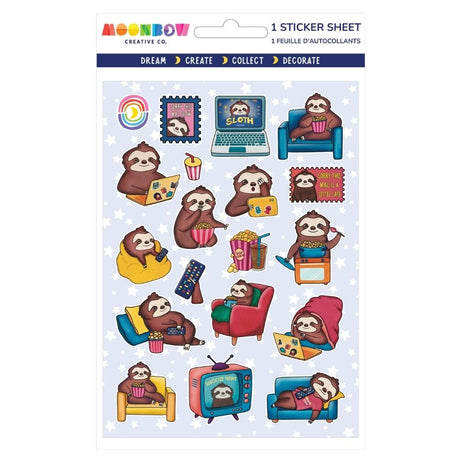 Sticker sheet featuring cute sloths relaxing, eating popcorn, using laptops, watching TV, and sitting on colorful chairs on a starry background