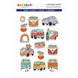 Sticker sheet featuring colorful retro vans, rainbows, flowers, butterflies, and a vintage cassette tape on white background