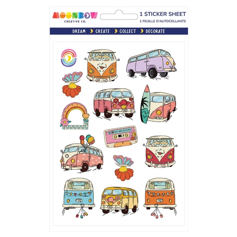 Sticker sheet featuring colorful retro vans, rainbows, flowers, butterflies, and a vintage cassette tape on white background