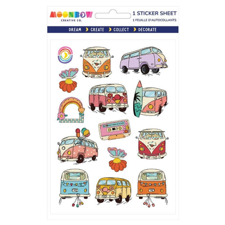 Sticker sheet featuring colorful retro vans, rainbows, flowers, butterflies, and a vintage cassette tape on white background