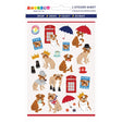 Sticker sheet with cartoon bulldogs dressed in British-themed outfits, red phone booths, umbrellas, and teacups on white background