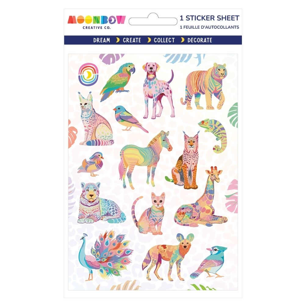 Sticker sheet with colorful animals including dog, cat, bird, giraffe, zebra, peacock, cheetah, and bear in artistic patterns on white background