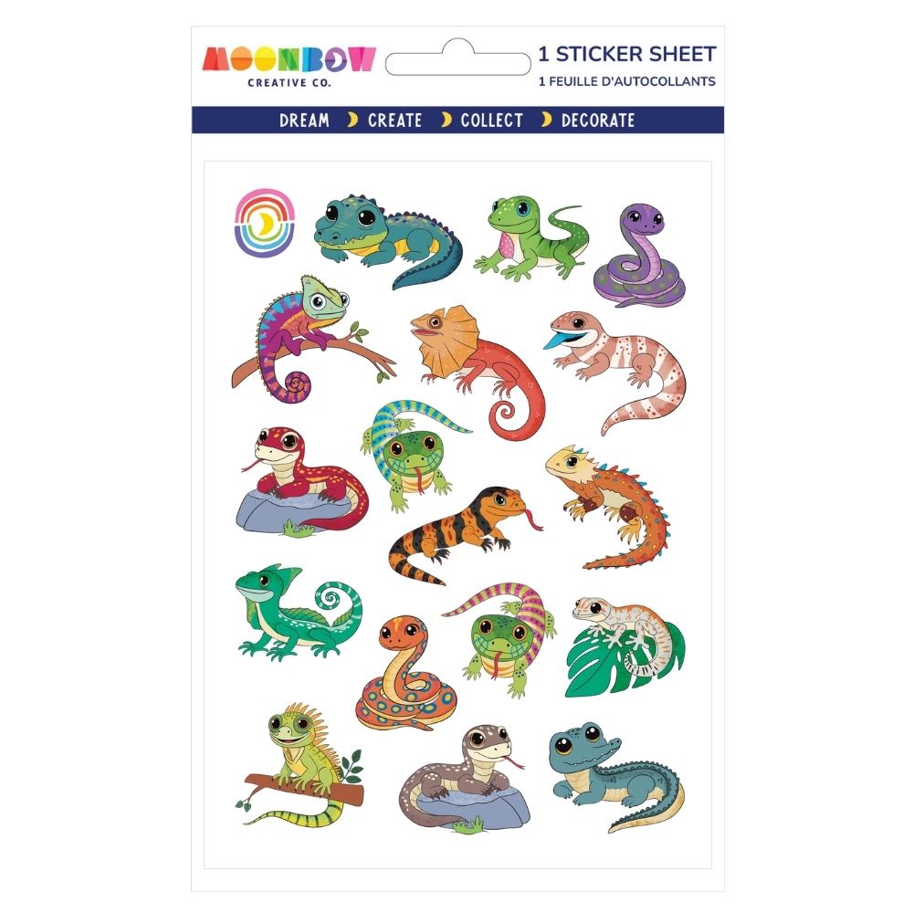 Sticker sheet with colorful cartoon lizards, snakes, and geckos in various poses on a white background