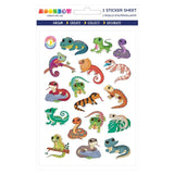 Sticker sheet with colorful cartoon lizards, snakes, and geckos in various poses on a white background