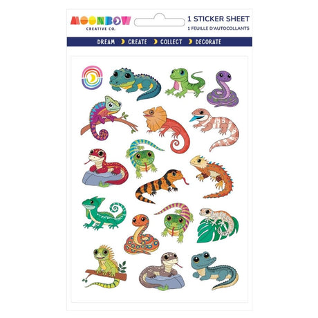 Sticker sheet with colorful cartoon lizards, snakes, and geckos in various poses on a white background