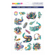 Sticker sheet showcasing colorful peacocks, floral wreaths, and decorative feathers in vibrant shades on white background