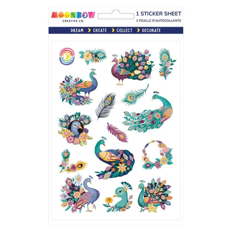 Sticker sheet showcasing colorful peacocks, floral wreaths, and decorative feathers in vibrant shades on white background