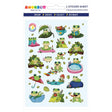 Sticker sheet featuring cute green frogs in playful scenes with plants, water, and colorful accessories on light background