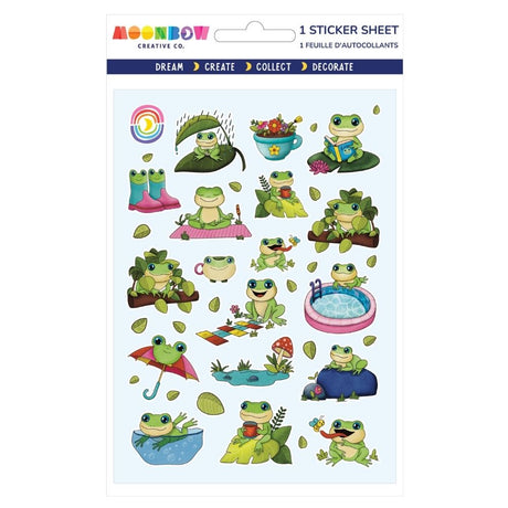 Sticker sheet featuring cute green frogs in playful scenes with plants, water, and colorful accessories on light background