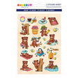 Sticker sheet with adorable bears in various activities like painting, reading, picnicking, and relaxing with bees and honey jars on light background