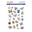 Sticker sheet with colorful whimsical insects including butterflies, beetles, dragonflies, bees, and ladybugs on white background