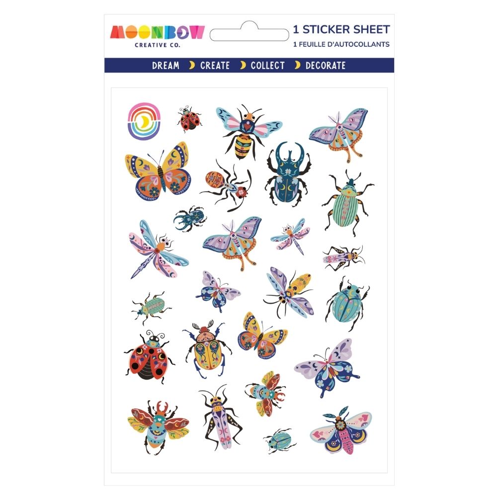 Sticker sheet with colorful whimsical insects including butterflies, beetles, dragonflies, bees, and ladybugs on white background