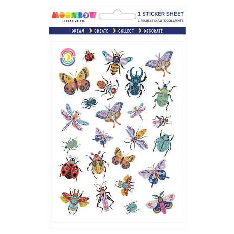 Sticker sheet with colorful whimsical insects including butterflies, beetles, dragonflies, bees, and ladybugs on white background
