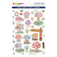 Sticker sheet with cute mushroom houses in pastel colors with characters, signs, snails, and whimsical details on white background