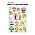 Sticker sheet featuring smiling whimsical trees, flowers, leaves, and a rainbow on a soft pastel background