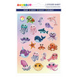 Sticker sheet with cute cartoon sea creatures including turtles, dolphins, whales, jellyfish, and octopuses on pastel background