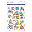 Sticker sheet with playful yellow cats painting colorful rainbows and using art supplies on white background