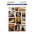 Sticker sheet featuring classical art masterpieces reimagined with playful orange cats in vintage-style frames on white background