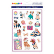 Sticker sheet featuring stylish dogs with accessories like hats, bows, sunglasses, and a toy car on white background