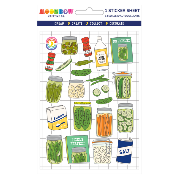 Brine Time Glossy Stickers featuring colorful pickles jars cucumbers and pantry condiments