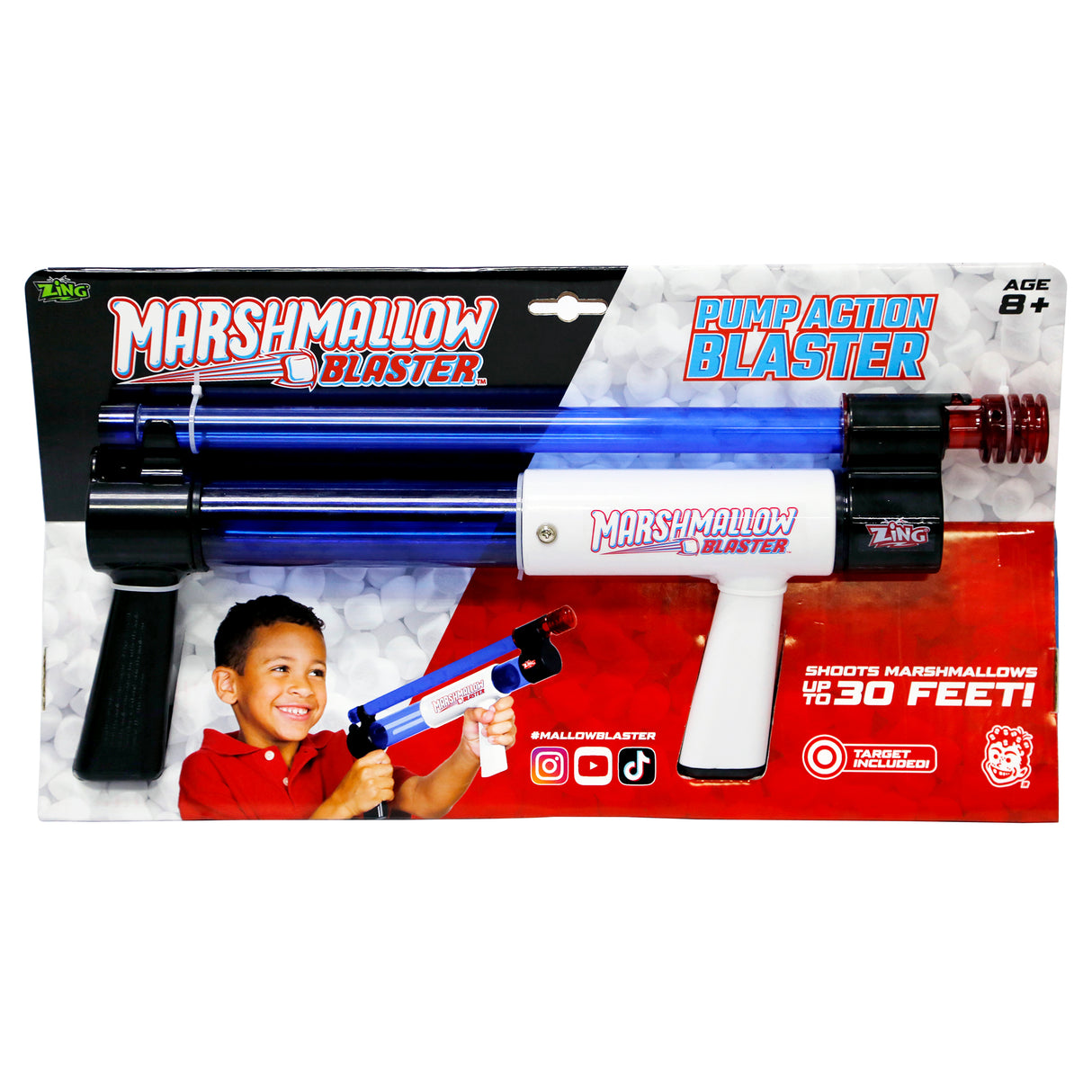 Marshmallow Pump Action Blaster toy in packaging with child aiming the blaster and colorful branding details