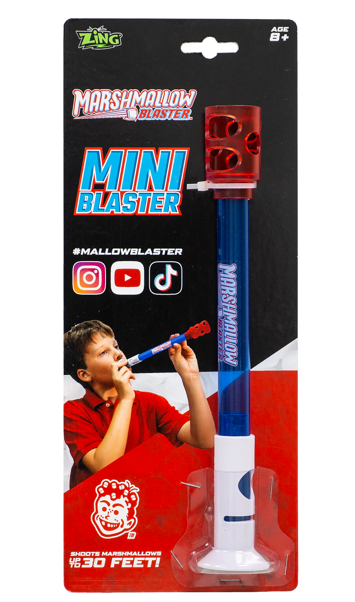 Zing Marshmallow Mini Blaster toy on packaging with image of boy aiming to launch marshmallows up to 30 feet