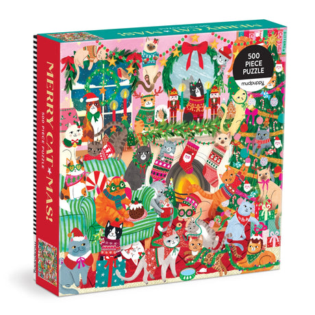 Colorful 500-piece puzzle featuring cats in holiday sweaters and festive Christmas decorations for family fun time.