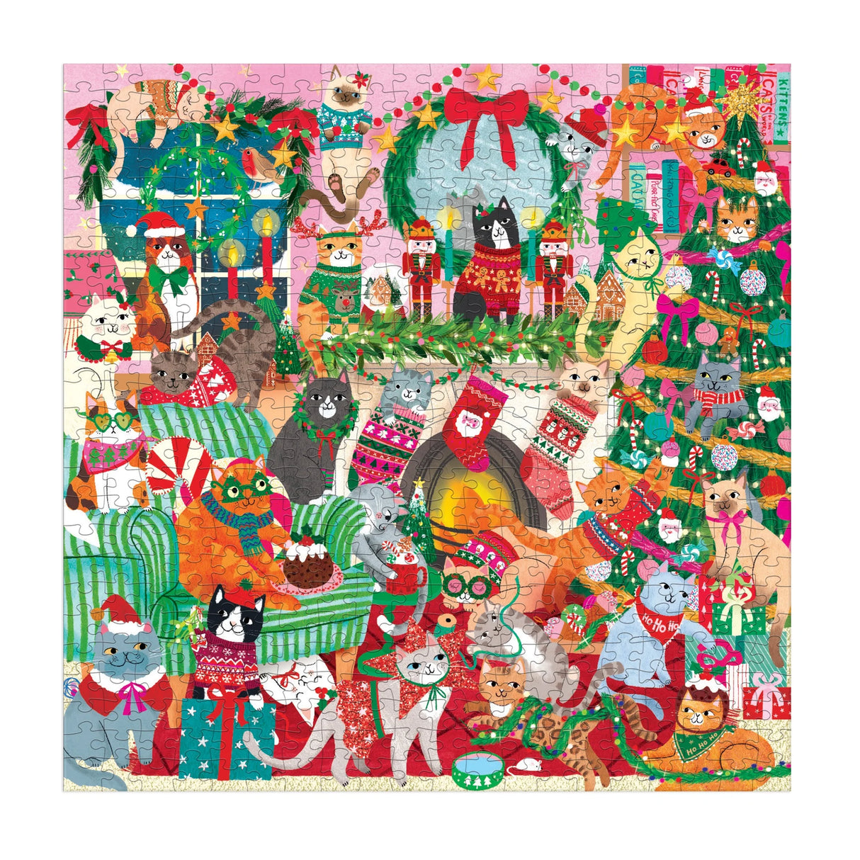 Colorful Christmas puzzle featuring cats in festive sweaters around a decorated tree and fireplace with holiday decorations